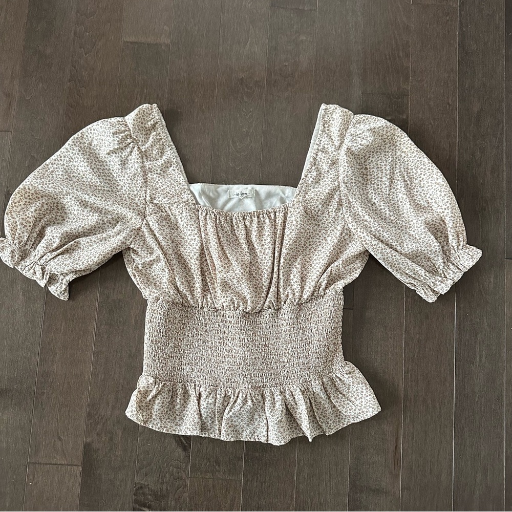 In Bloom Babydoll Top Smocked Boho Peasant Milkmaid Cream‎ Tan Size S